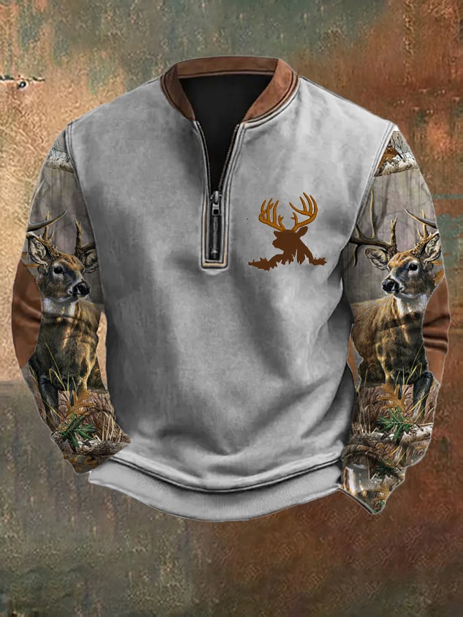 Men's Vintage Art Forest Elk Zip-Up Sweatshirt