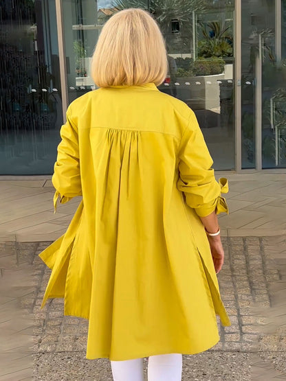 Solid Color Long Cotton Shirt Jackets Women Swing Jacket Shap Flattering Gathered Yolk At The Back