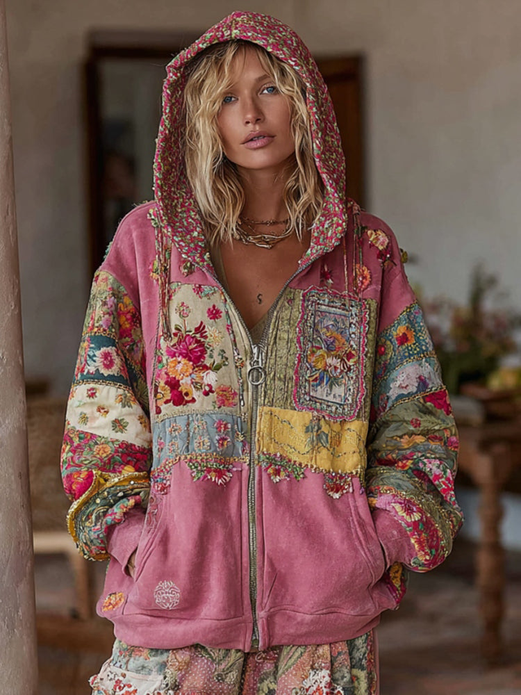 Women's Vintage Floral Embroidery Art Patchwork Zipper Hoodie