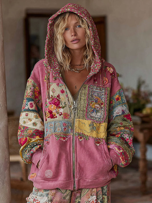 Women's Vintage Floral Embroidery Art Patchwork Zipper Hoodie