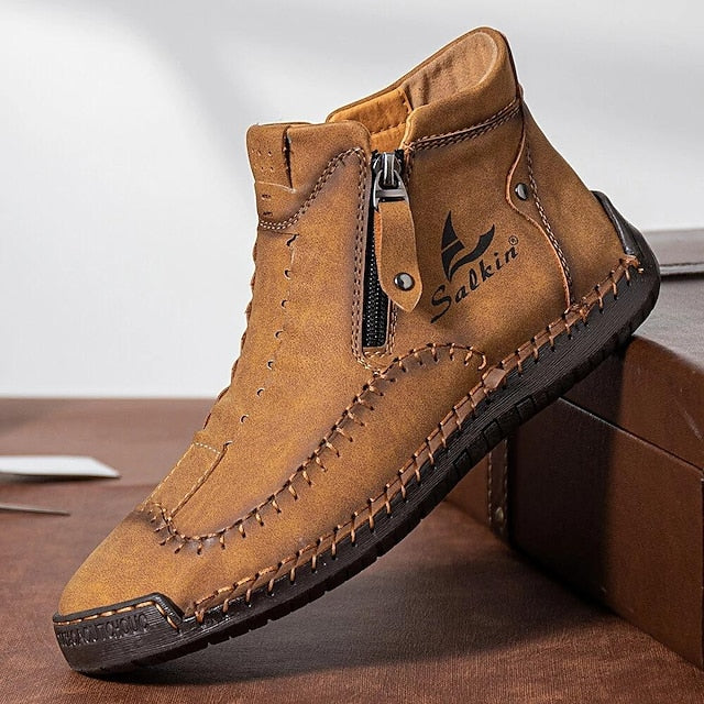 Men's Brown Leather Casual Ankle Boots with Zipper and Hand-Stitched Design - Comfortable and Lightweight for Everyday and Outdoor Wear