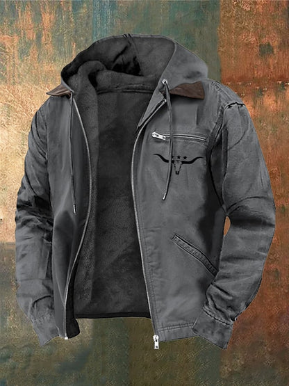 Men's Vintage Plush Western Bull Head Print Zipper Jacket