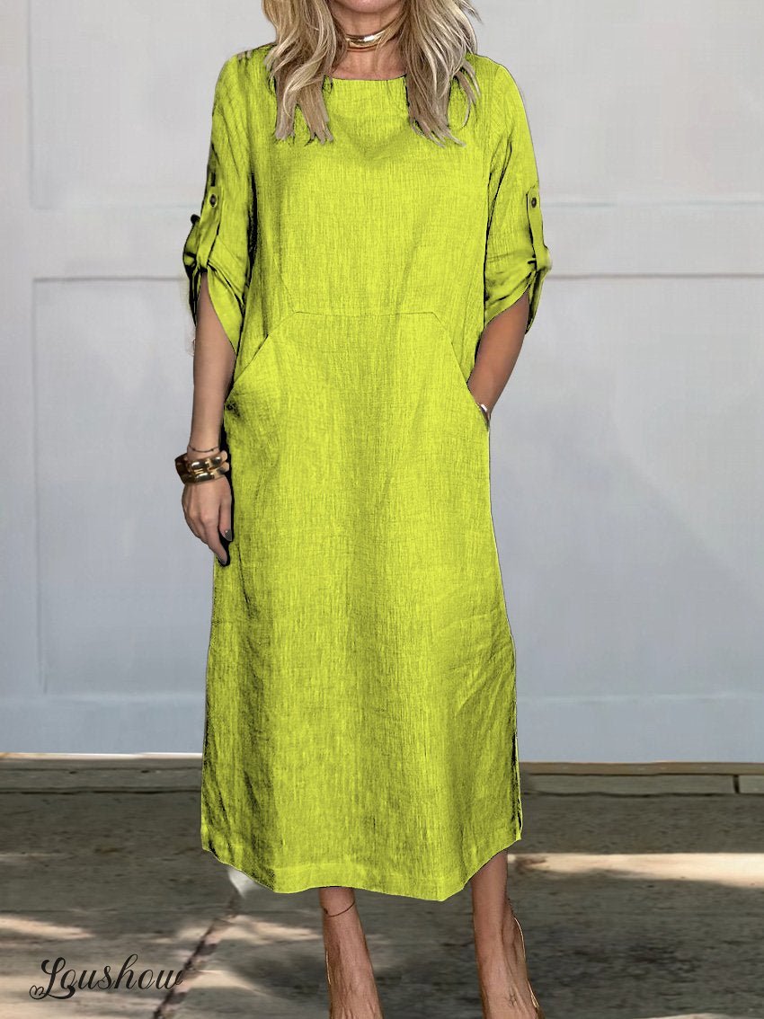 Women's Comfortable Solid Color Linen Pocket Dress