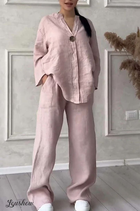 Women Casual button decorated cotton and linen two-piece set