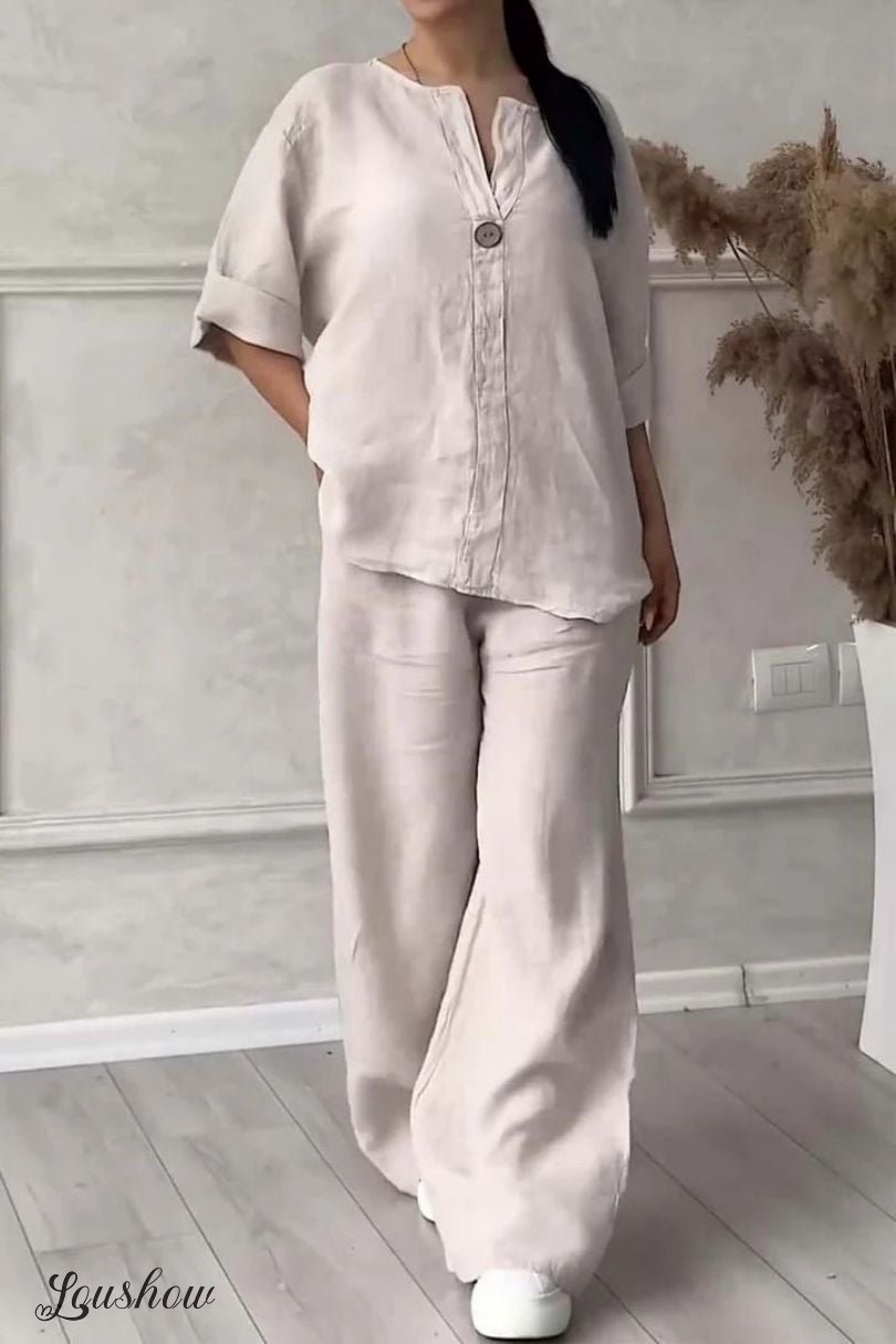 Women Casual button decorated cotton and linen two-piece set