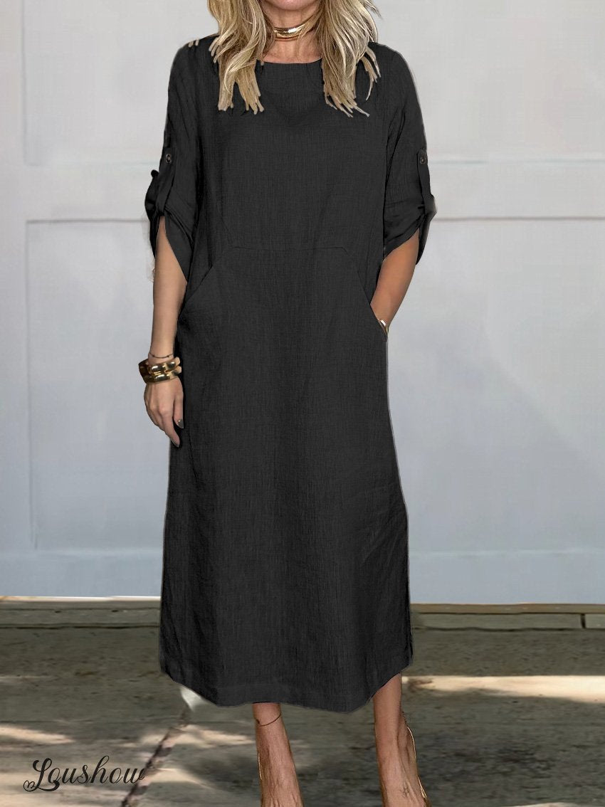Women's Comfortable Solid Color Linen Pocket Dress
