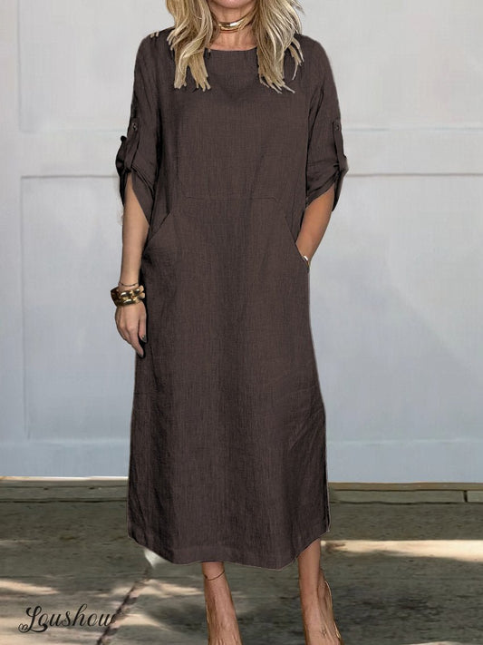 Women's Comfortable Solid Color Linen Pocket Dress