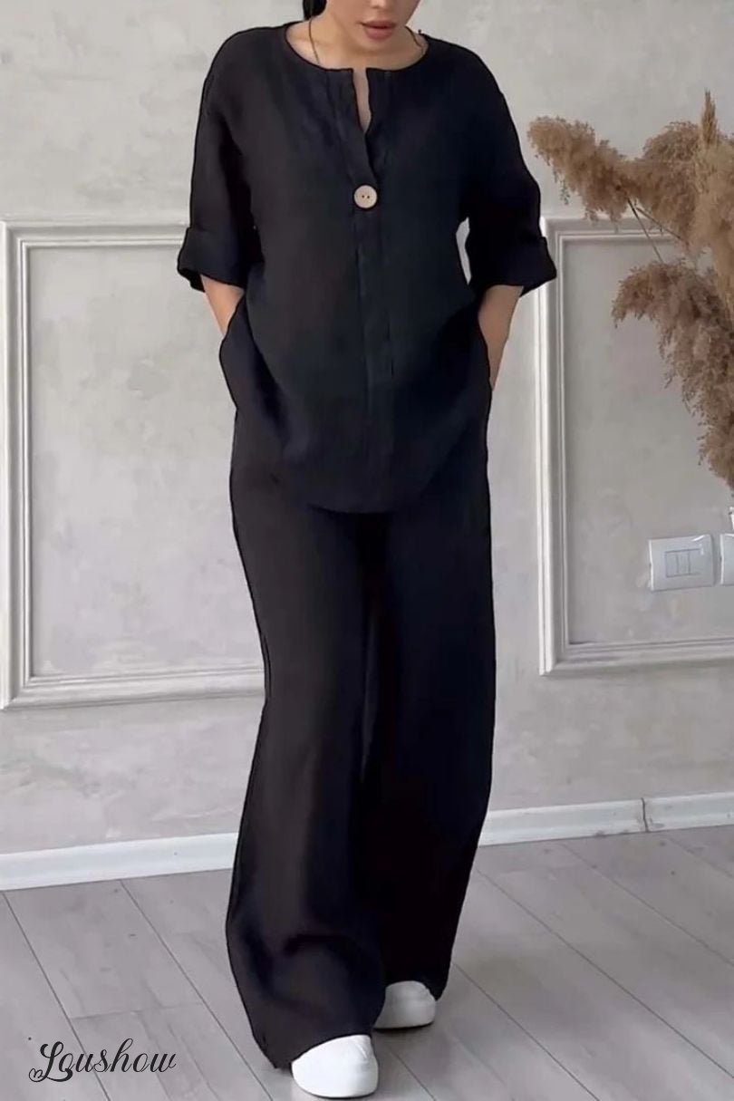 Women Casual button decorated cotton and linen two-piece set