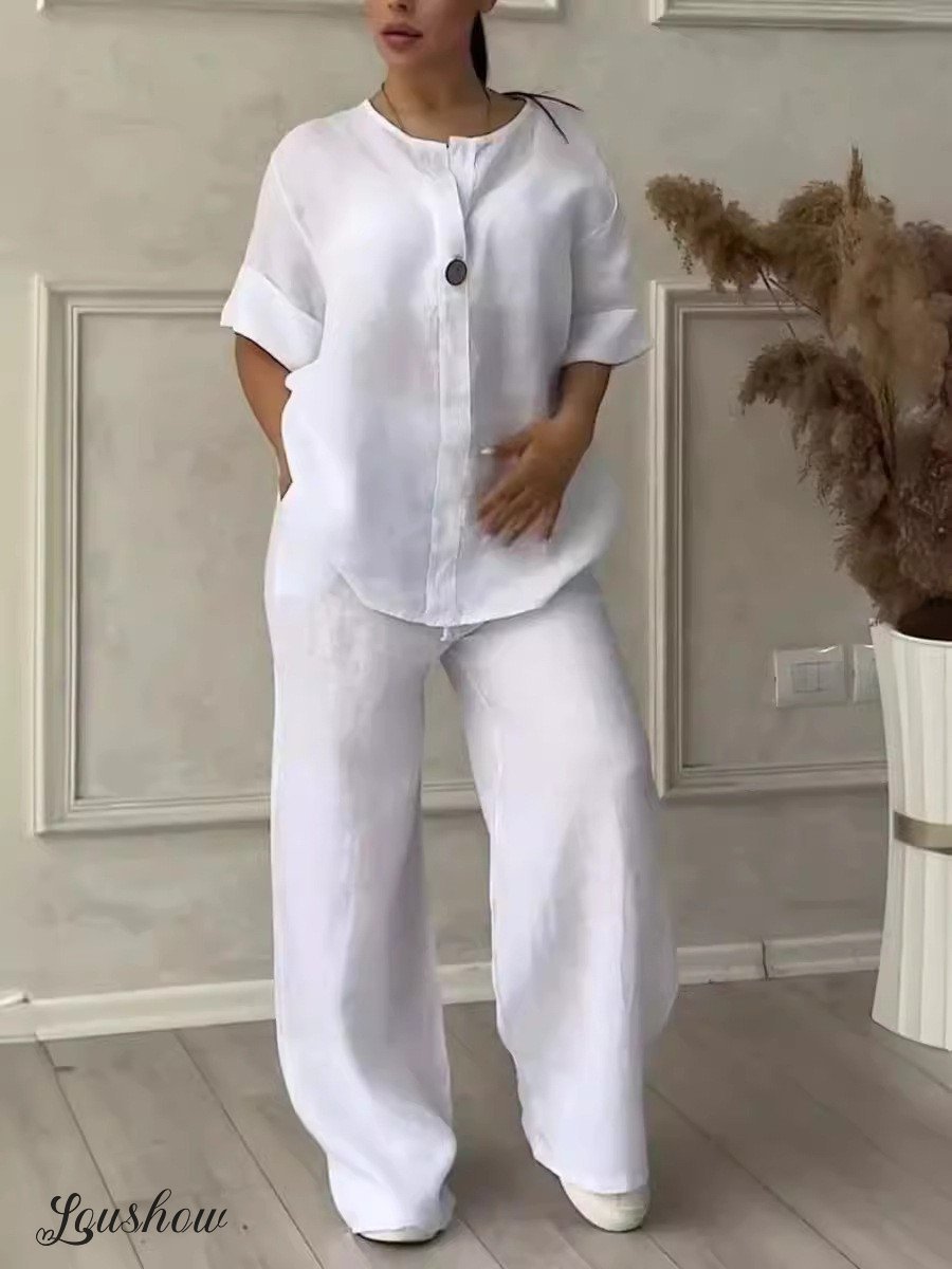Women Casual button decorated cotton and linen two-piece set
