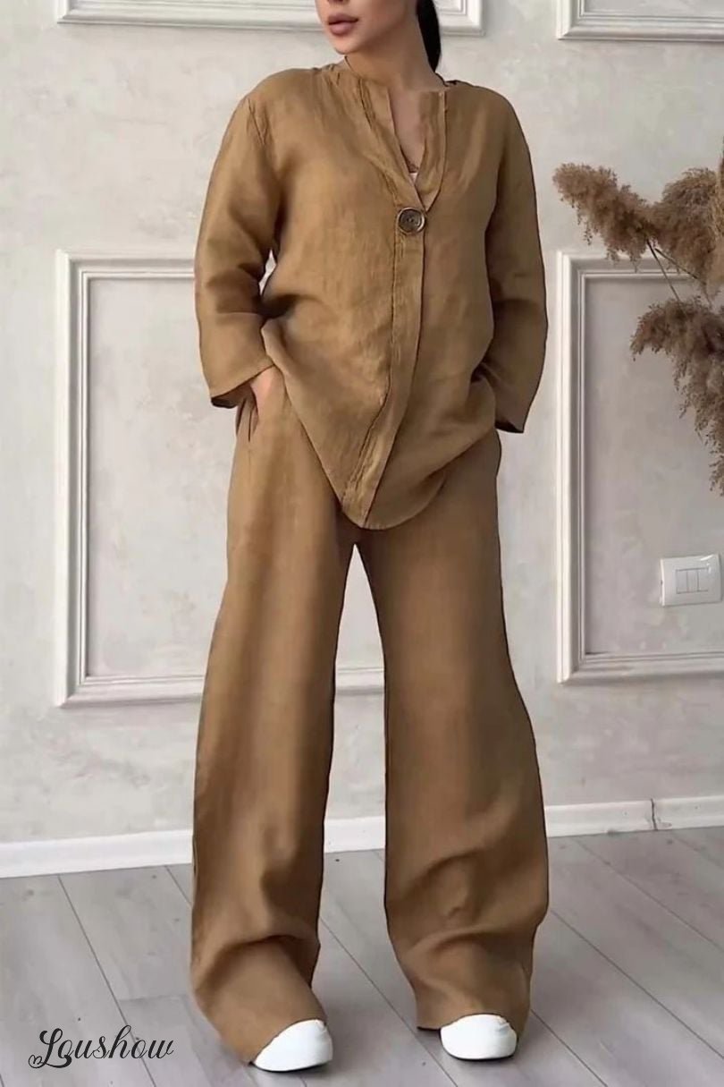 Women Casual button decorated cotton and linen two-piece set