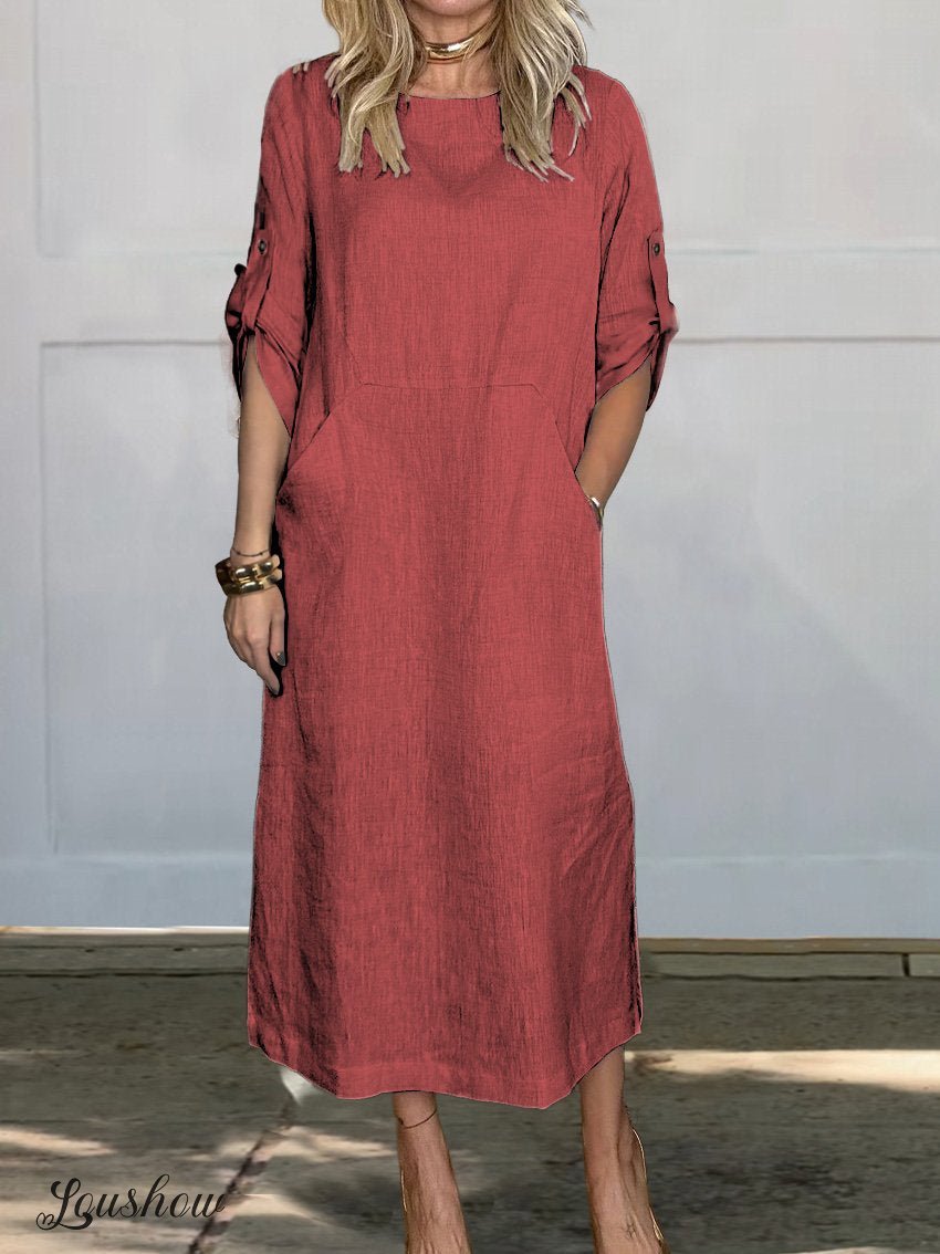 Women's Comfortable Solid Color Linen Pocket Dress