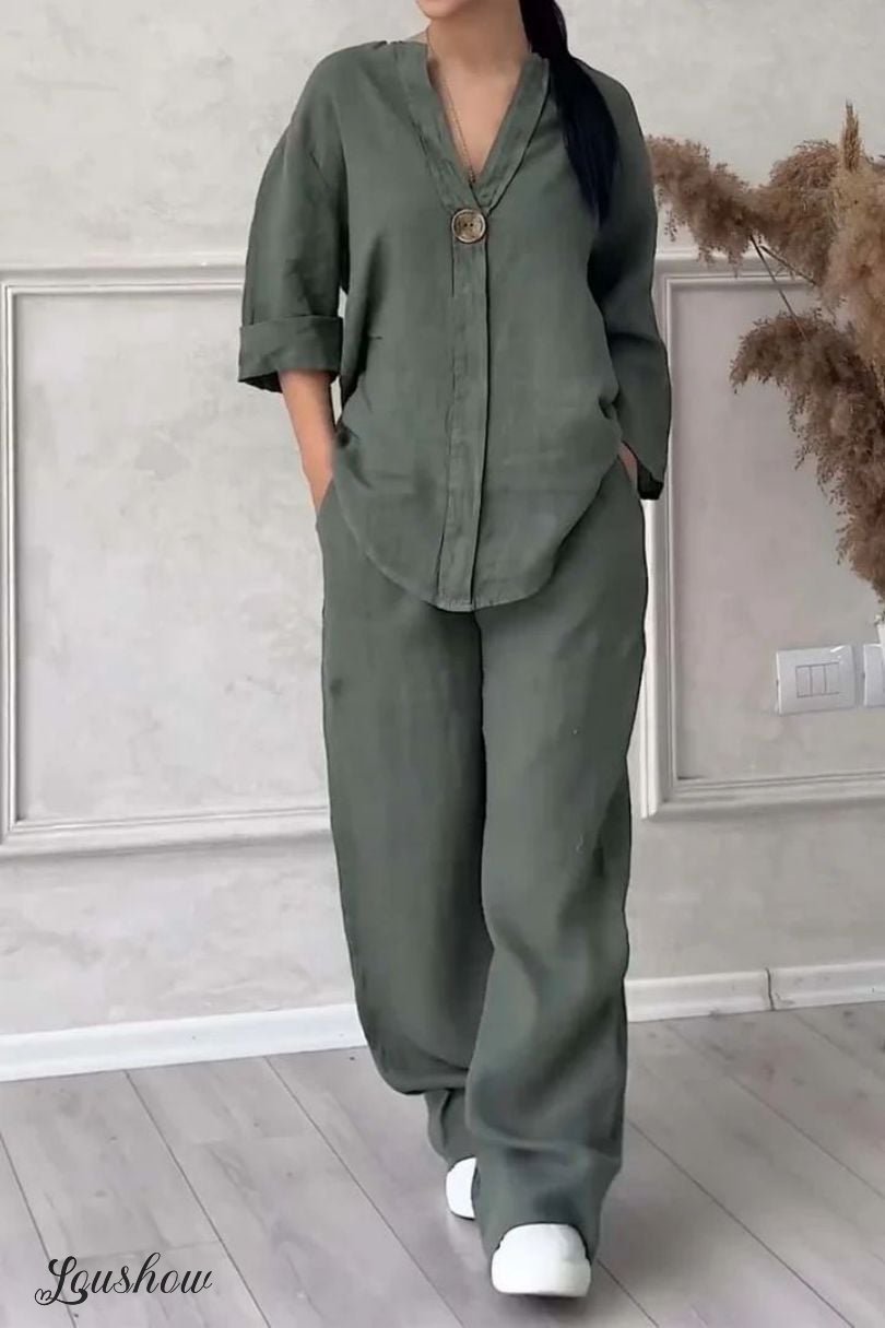 Women Casual button decorated cotton and linen two-piece set