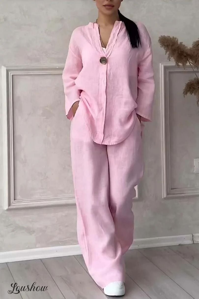 Women Casual button decorated cotton and linen two-piece set