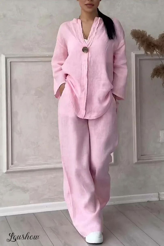Women Casual button decorated cotton and linen two-piece set